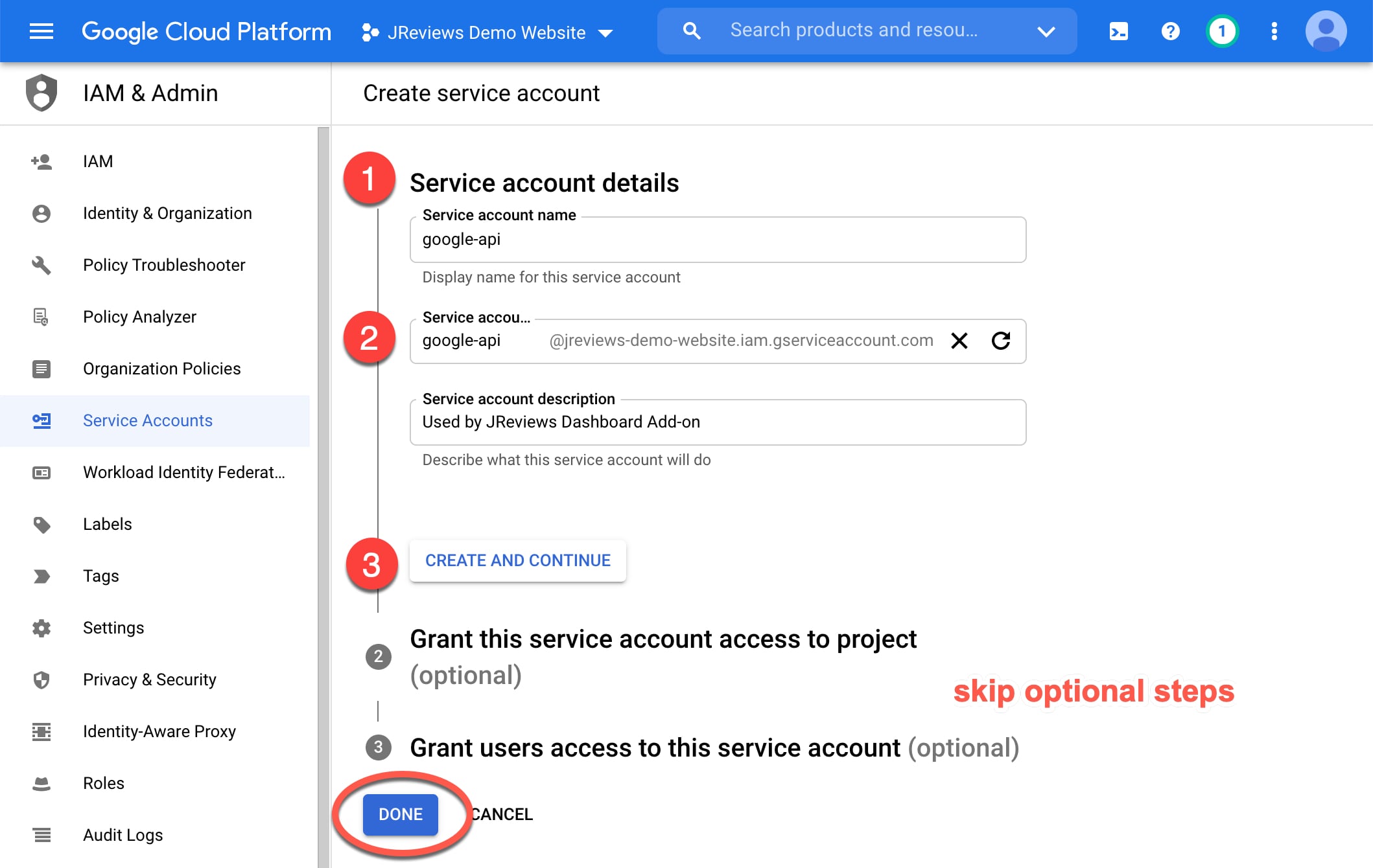 Fill out the service account details