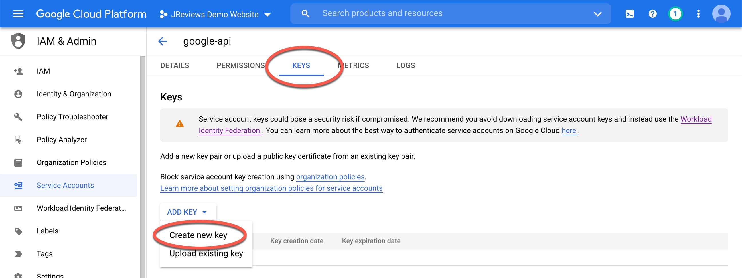 Create a new key for the Service Account