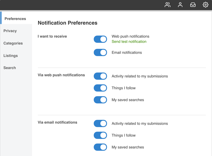 EngageUsers notifications preferences