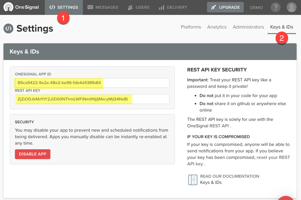 Copy OneSignal App and API keys