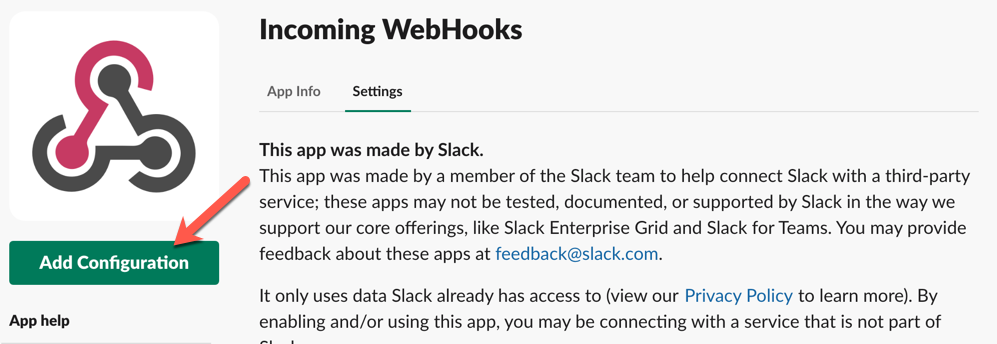 Slack, start app configuration