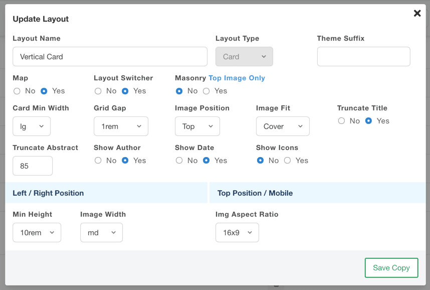 Card layout settings