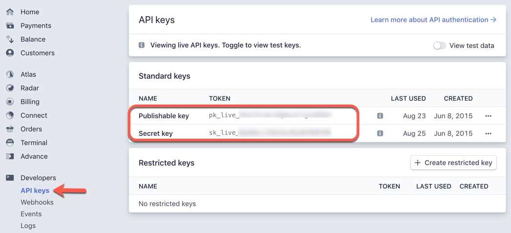 Stripe dashboard API keys