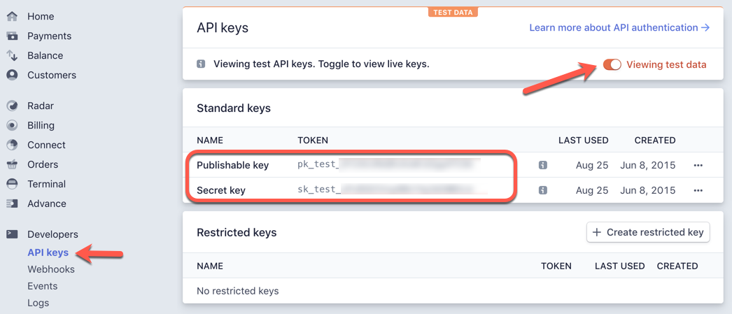 Stripe dashboard API test keys