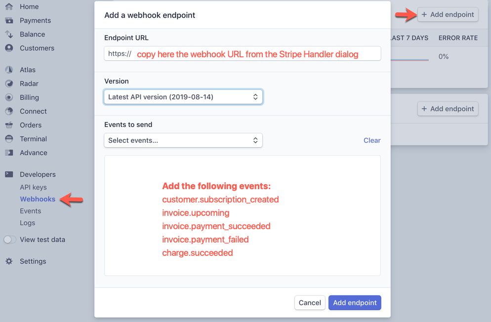 Stripe dashboard Webhook configuration