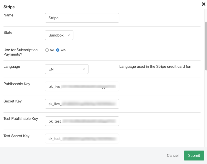 Add-on Stripe keys configuration