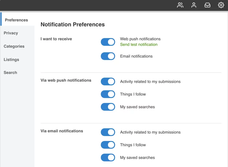 EngageUsers notifications preferences EngageUsers notifications preferences