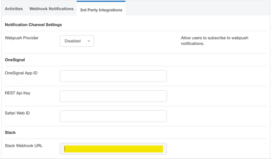 EngageUsers, add Slack webhook URL EngageUsers, add Slack webhook URL