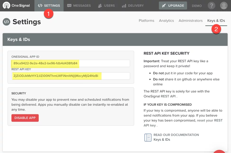 Copy OneSignal App and API keys Copy OneSignal App and API keys