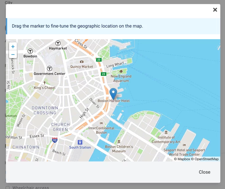 Map It dialog for geocoding and marker placement Map It dialog for geocoding and marker placement