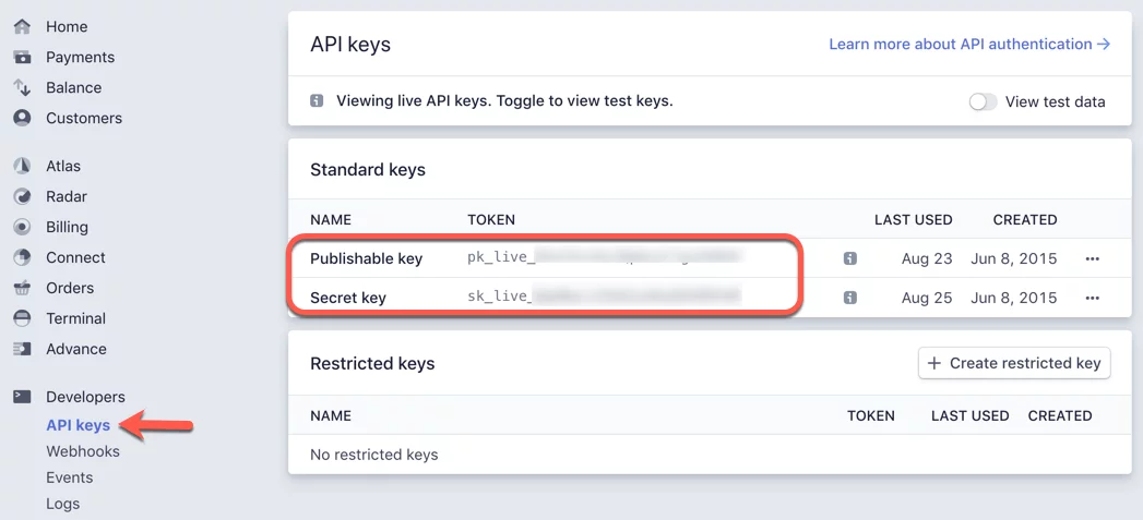Stripe dashboard API keys Stripe dashboard API keys