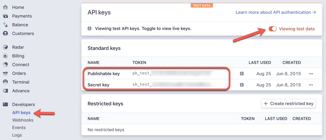 Stripe dashboard API test keys Stripe dashboard API test keys