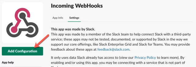 Slack, start app configuration Slack, start app configuration