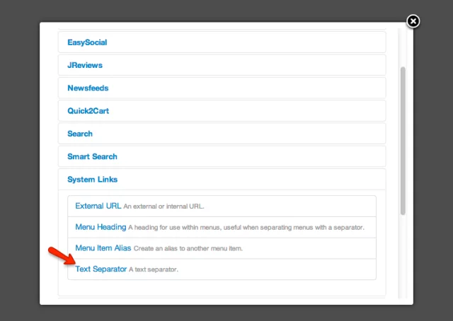 Creating a text separator menu link Creating a text separator menu link