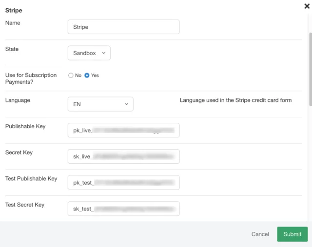 Add-on Stripe keys configuration Add-on Stripe keys configuration