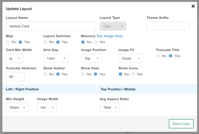 Card layout settings Card layout settings