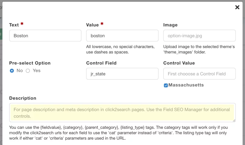 Field option-specific page descriptions Field option-specific page descriptions