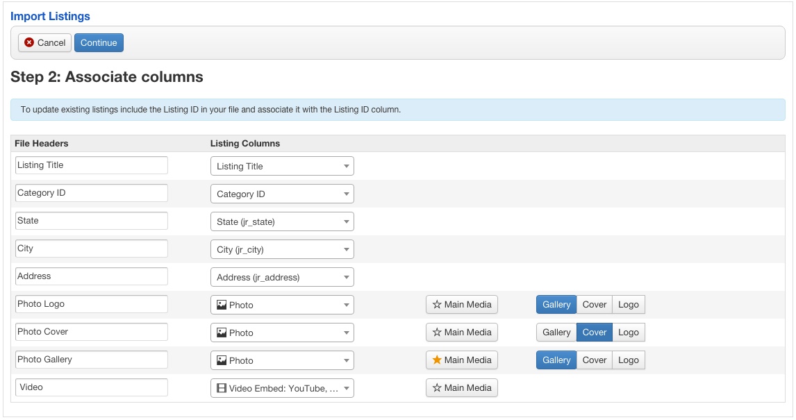 Import column association