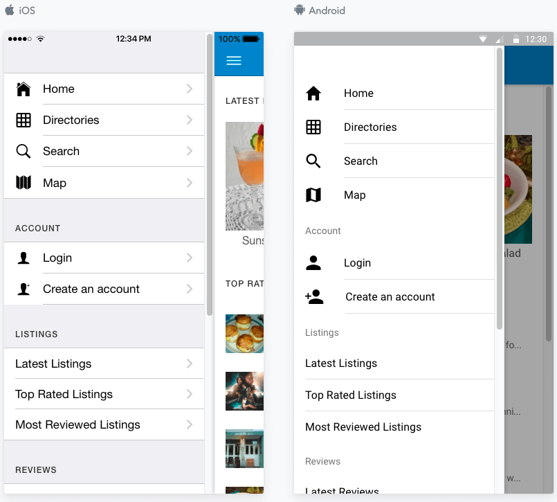 JReviews Mobile App sidemenu