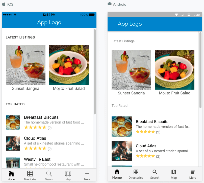 JReviews Mobile App tab-based menu